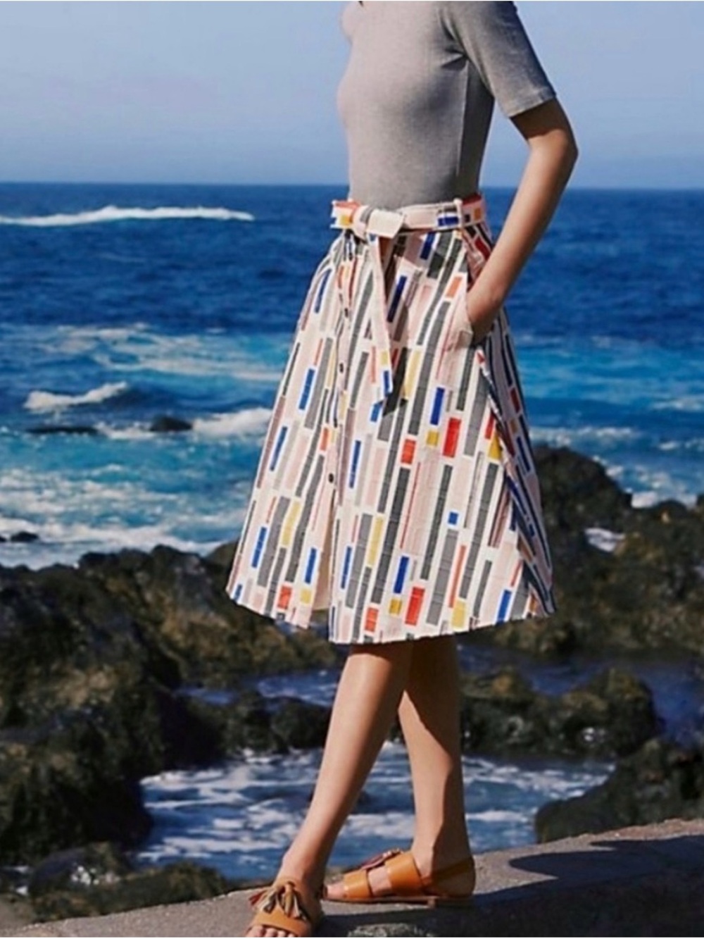 Anthropologie Geometric Midi Skirt in Cream with Blue, Yellow & Red Accents